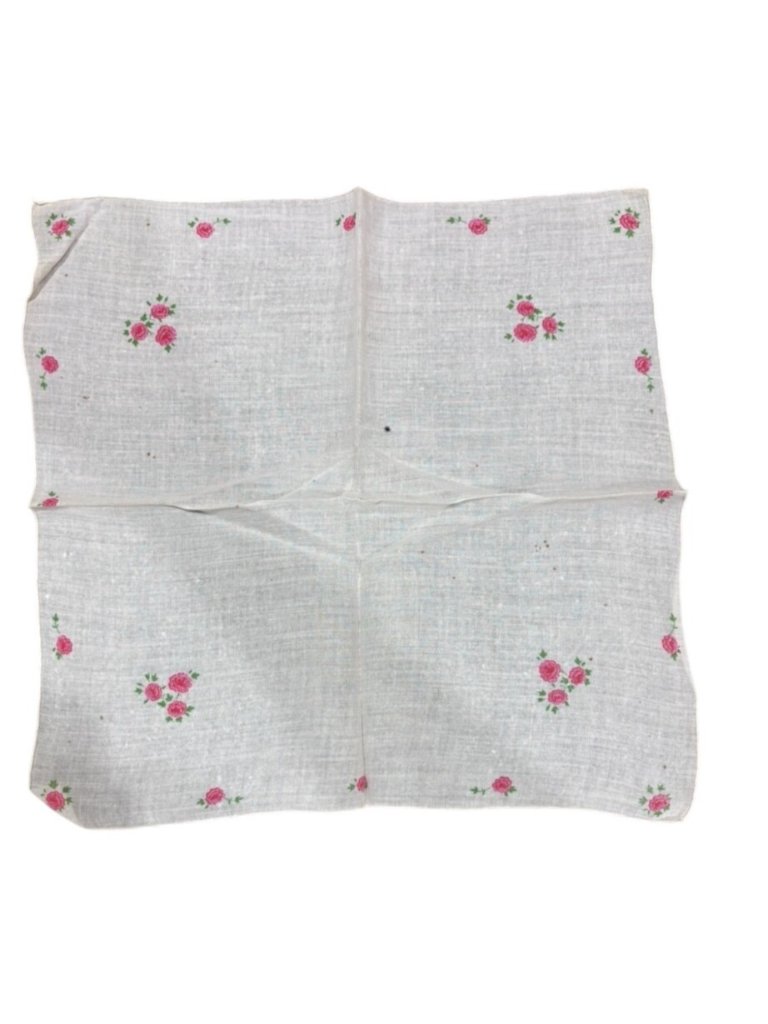 Vintage 12x12 White Handkerchief Pink Rose Floral Print Cotton Shabby Chic